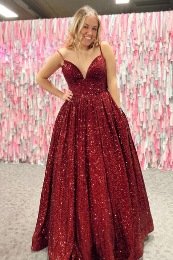 Sparkly Hot Pink Sequins A-Line Long Formal Dress