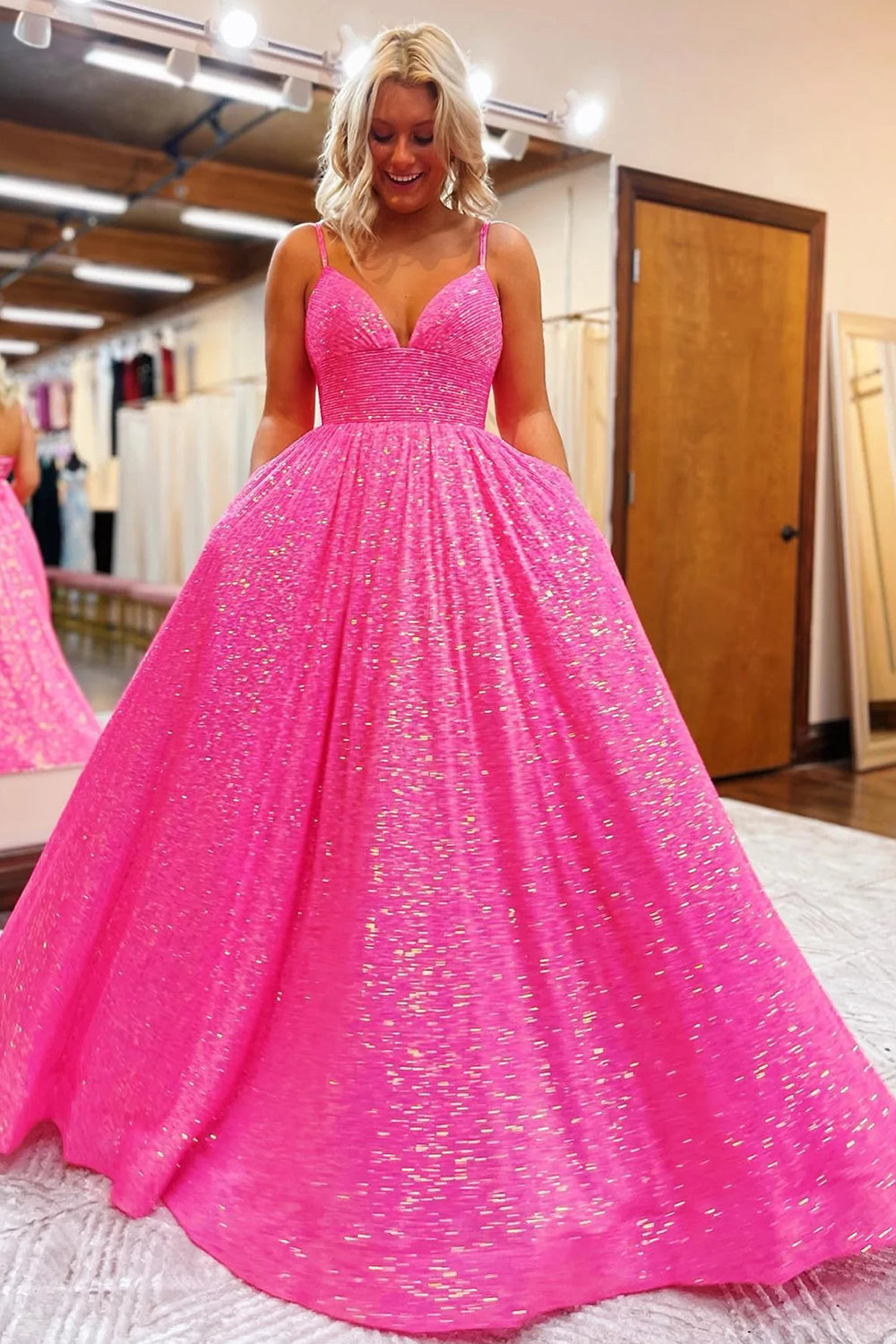 Sparkly Hot Pink Sequins A-Line Long Formal Dress