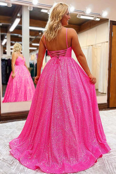 Sparkly Hot Pink Sequins A-Line Long Formal Dress