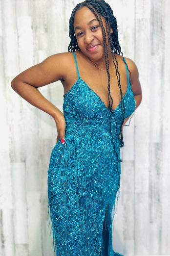 Sparkly Turquoise Mermaid Sequins Long Formal Dress with Fringes