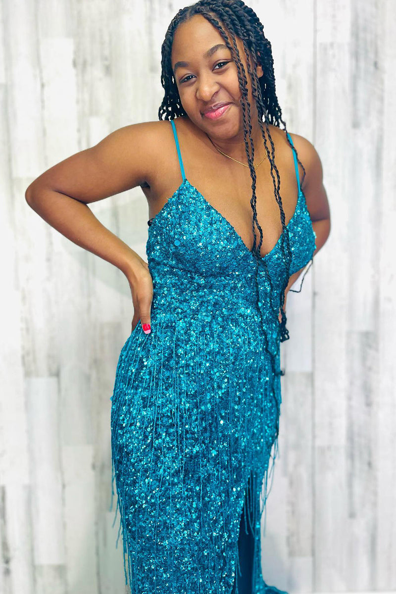 Load image into Gallery viewer, Sparkly Turquoise Mermaid Sequins Long Formal Dress with Fringes