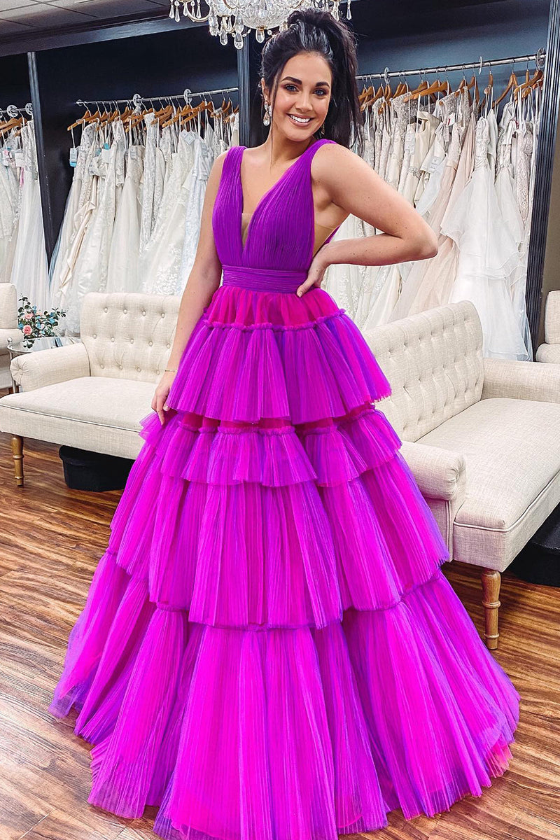 Load image into Gallery viewer, Purple Tiered Tulle A-Line Formal Dress