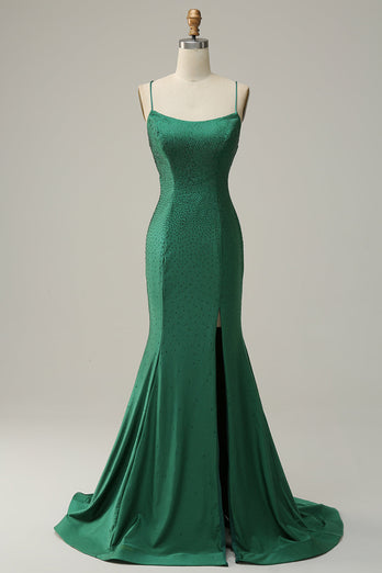 Mermaid Spaghettti Straps Dark Green Sequins Long Formal Dress with Split Front