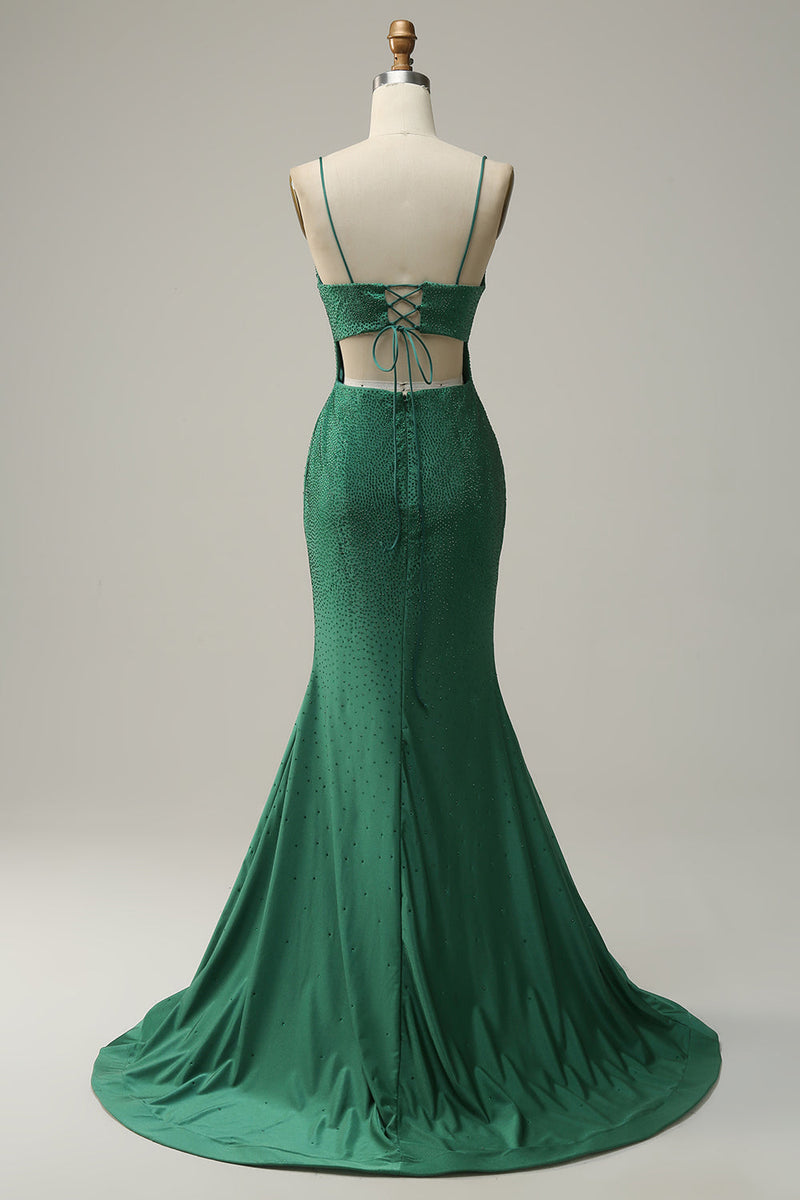 Load image into Gallery viewer, Mermaid Spaghettti Straps Dark Green Sequins Long Formal Dress with Split Front