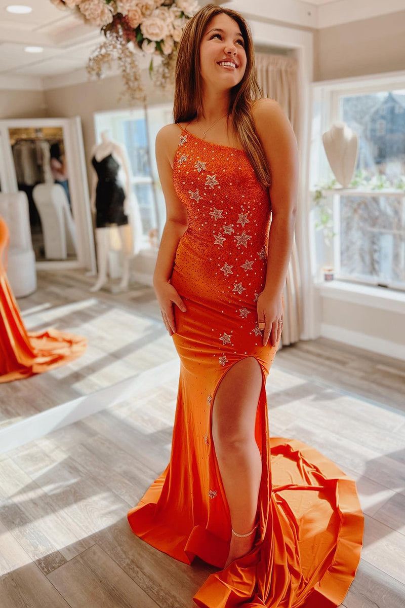 Load image into Gallery viewer, Sparkly Mermaid One Shoulder Orange Long Formal Dress with Star Appliques