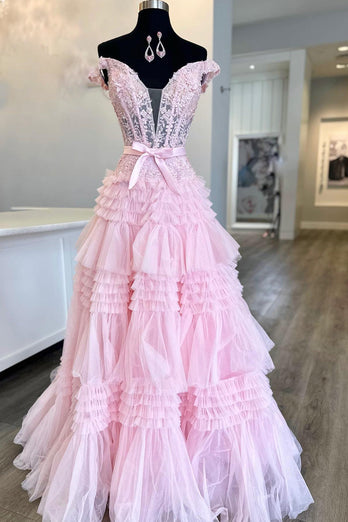 Princess A Line Off the Shoulder Light Pink Long Formal Dress with Ruffles