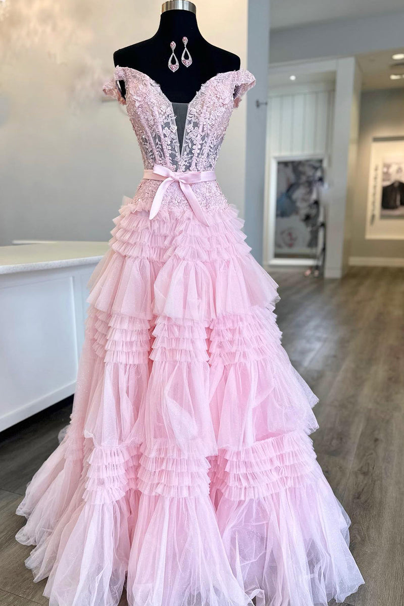 Load image into Gallery viewer, Princess A Line Off the Shoulder Light Pink Long Formal Dress with Ruffles