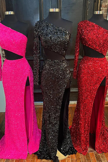 Sheath One Shoulder Red Sequins Long Formal Dress with Silt