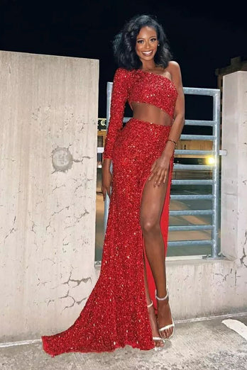 Sheath One Shoulder Red Sequins Long Formal Dress with Silt