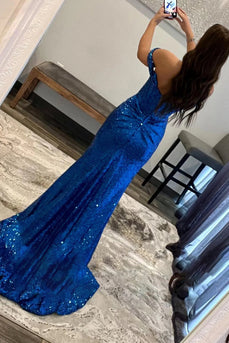 Blue Off Shoulder Mermaid Formal Dress with Slit