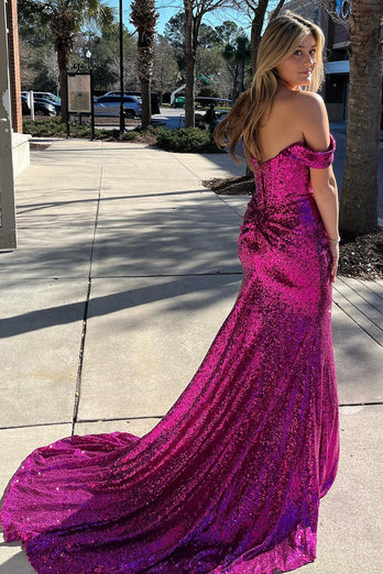 Grey Blue Off Shoulder Mermaid Formal Dress with Slit