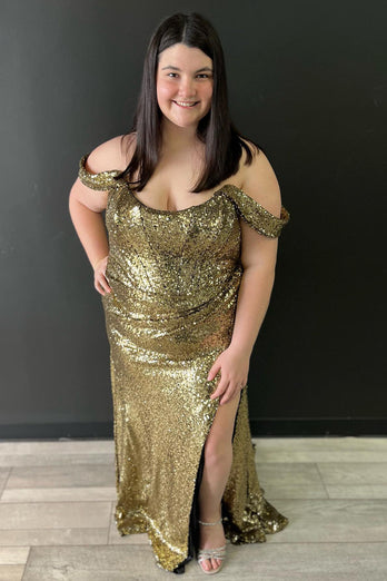 Plus Size Golden Off Shoulder Mermaid Formal Dress with Slit