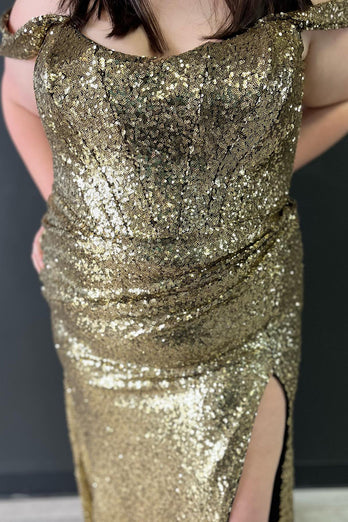 Plus Size Golden Off Shoulder Mermaid Formal Dress with Slit