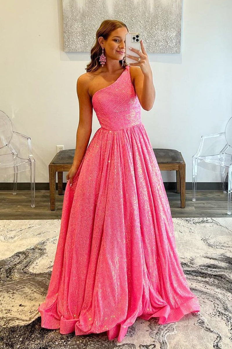 Load image into Gallery viewer, Sparkly Pink One Shoulder A Line Sequins Formal Dress