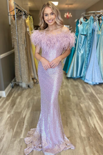 Sky Blue Sequin Mermaid Formal Dress with Feather