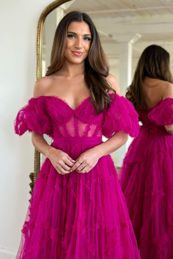 A Line Off the Shoulder Pink Tulle Corset Formal Dress with Bowknot