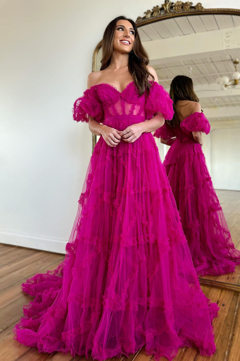 Load image into Gallery viewer, A Line Off the Shoulder Pink Tulle Corset Formal Dress with Bowknot