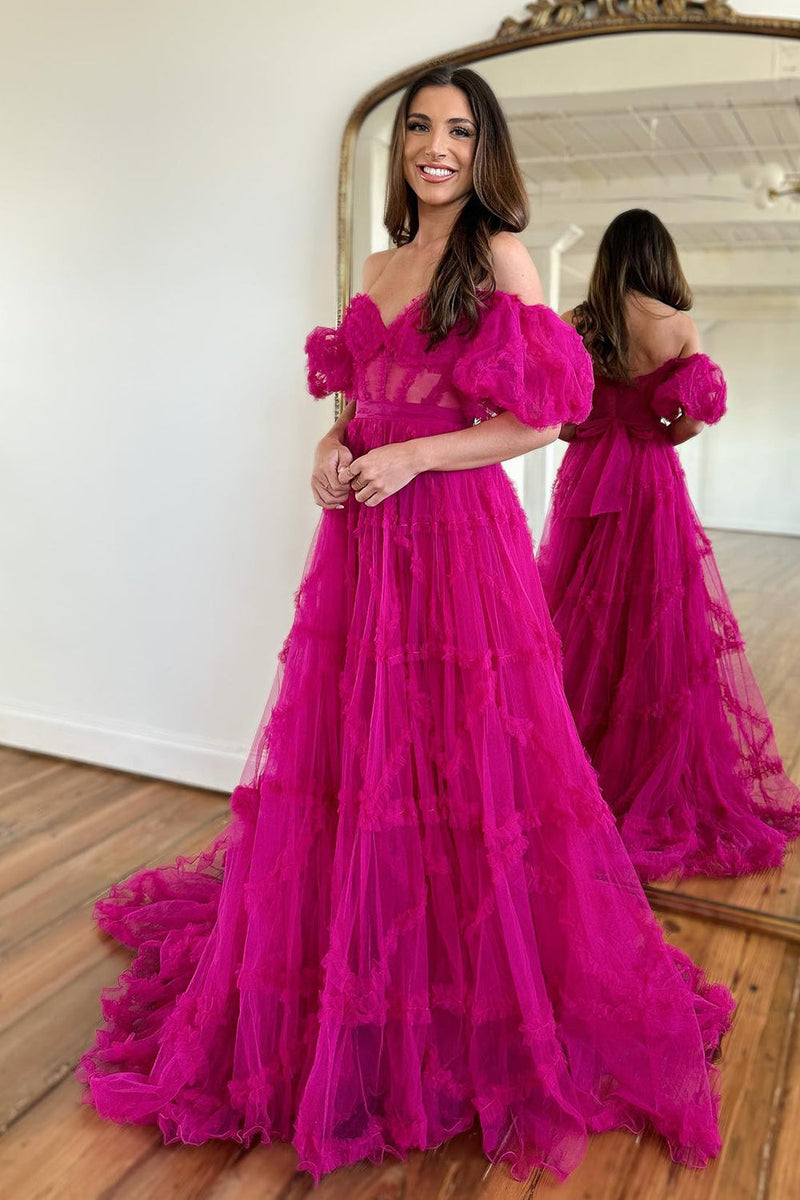 Load image into Gallery viewer, A Line Off the Shoulder Pink Tulle Corset Formal Dress with Bowknot