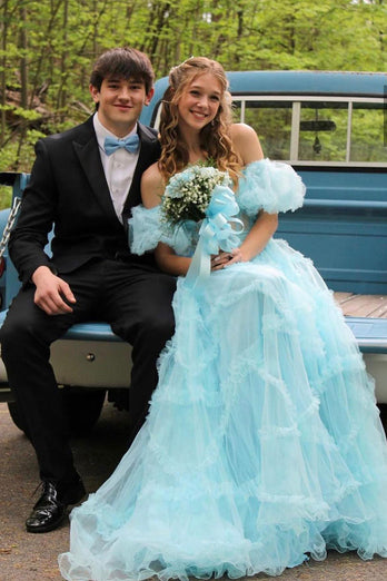 A Line Off the Shoulder Light Blue Tulle Corset Formal Dress with Bowknot