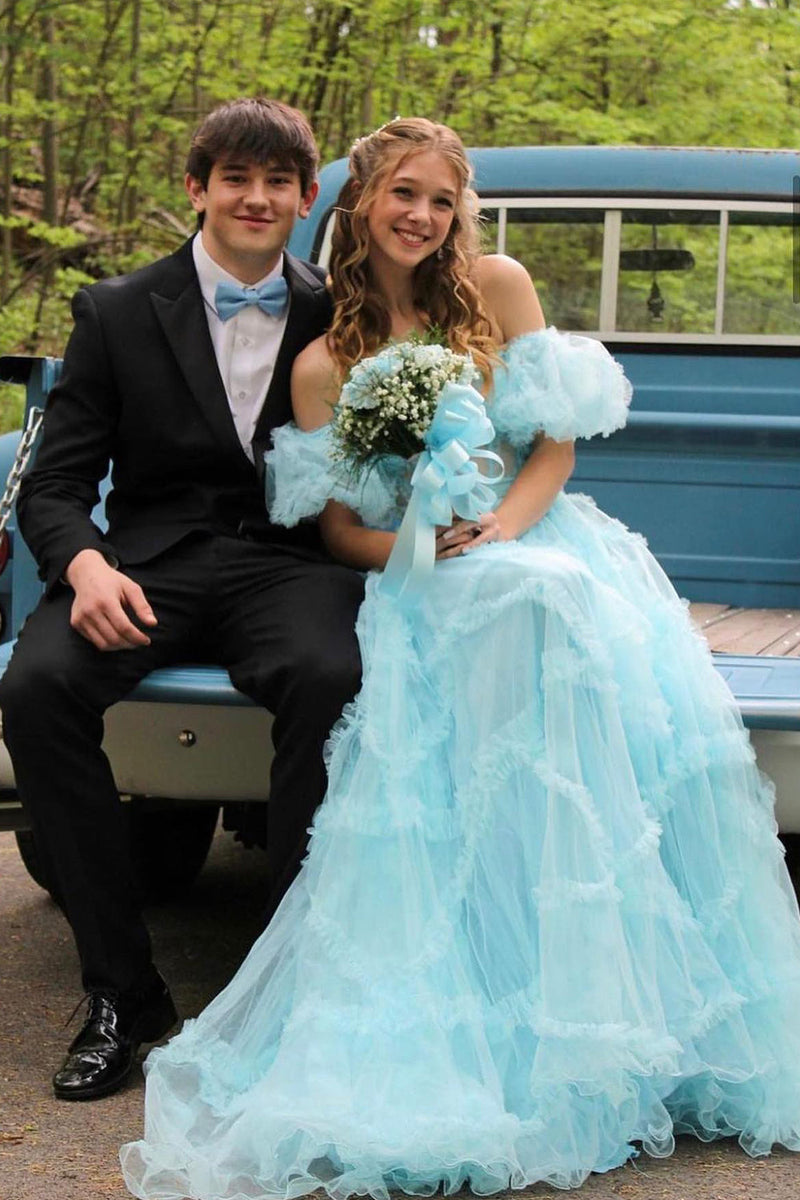 Load image into Gallery viewer, A Line Off the Shoulder Light Blue Tulle Corset Formal Dress with Bowknot