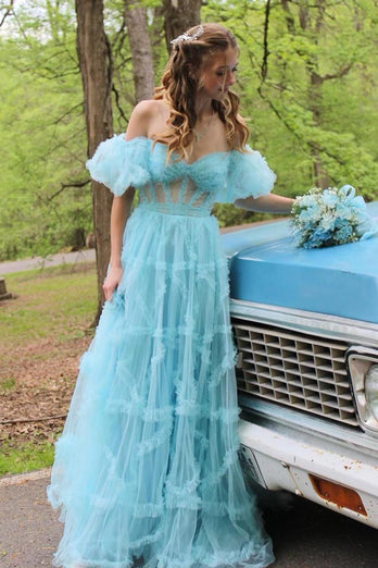 A Line Off the Shoulder Light Blue Tulle Corset Formal Dress with Bowknot