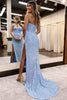 Load image into Gallery viewer, Sheath Sweetheart Blue Sequins Floor Length Formal Dress with Split Front