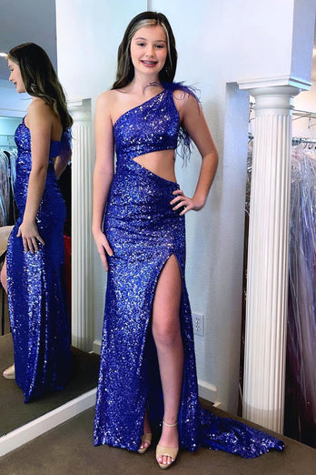 One Shoulder Purple Sparkly Mermaid Sequins Long Formal Dress with Slit