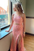 Load image into Gallery viewer, Sparkly Pink Sequins Long Formal Dress with Lace