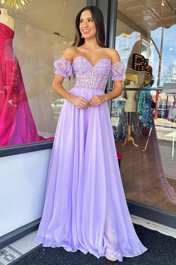 Lilac Corset A-Line Sweetheart Long Chiffon Formal Dress with Slit