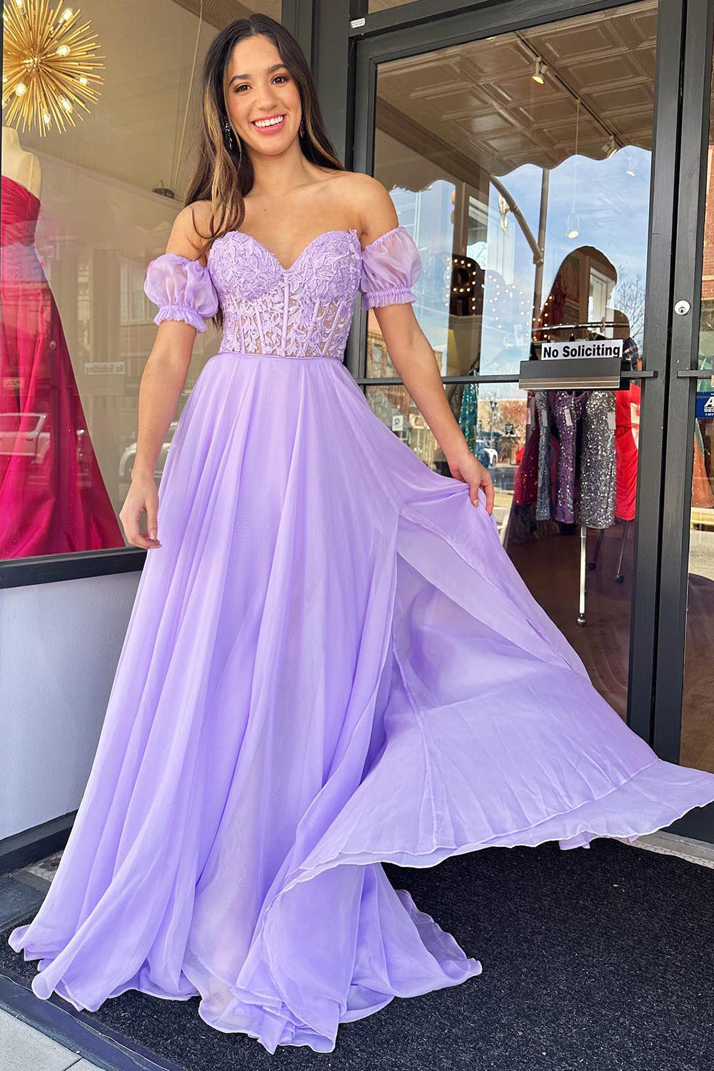 Lilac Corset A-Line Sweetheart Long Chiffon Formal Dress with Slit