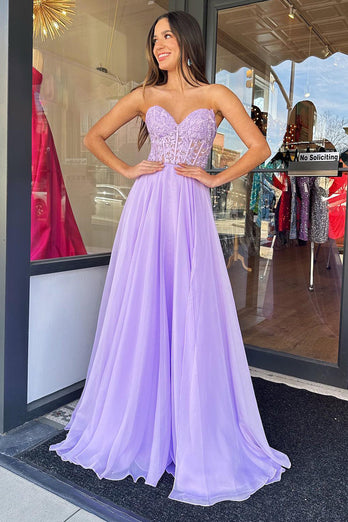 Lilac Corset A-Line Sweetheart Long Chiffon Formal Dress with Slit