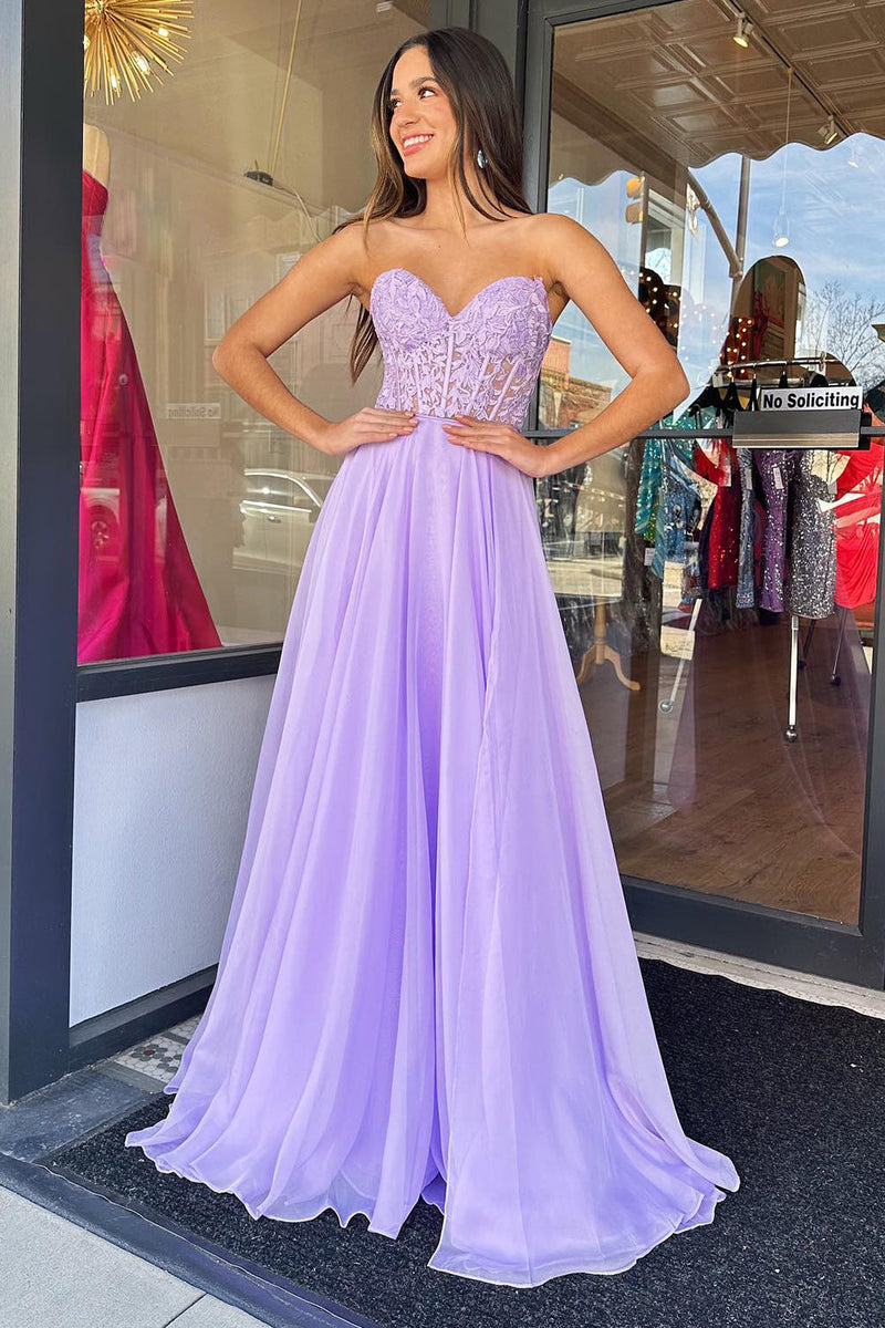 Load image into Gallery viewer, Lilac Corset A-Line Sweetheart Long Chiffon Formal Dress with Slit