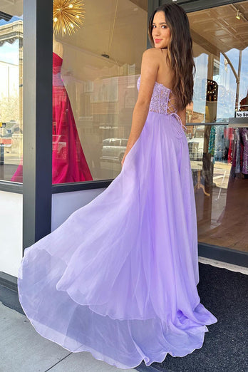 Lilac Corset A-Line Sweetheart Long Chiffon Formal Dress with Slit