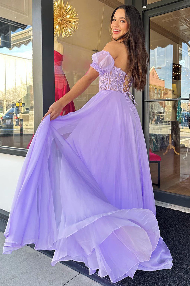 Load image into Gallery viewer, Lilac Corset A-Line Sweetheart Long Chiffon Formal Dress with Slit