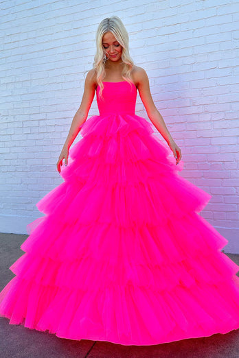 Hot Pink A-Line Tiered Tulle Long Formal Dress