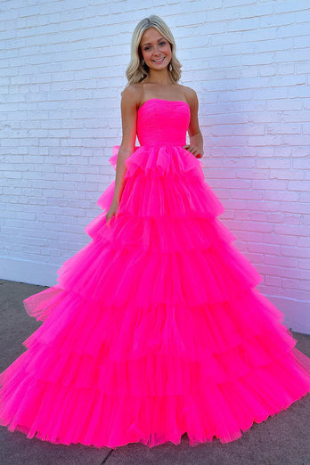 Hot Pink A-Line Tiered Tulle Long Formal Dress