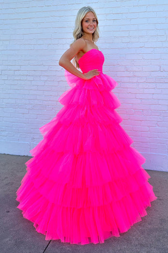 Hot Pink A-Line Tiered Tulle Long Formal Dress