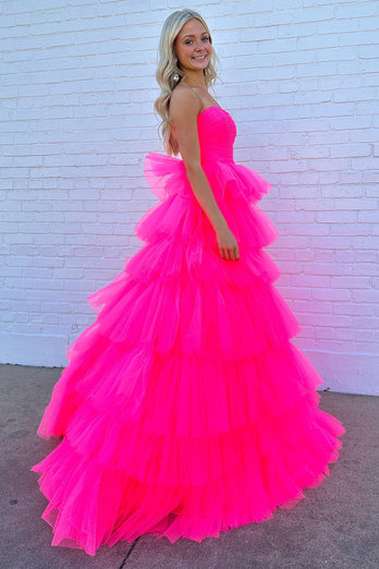 Hot Pink A-Line Tiered Tulle Long Formal Dress