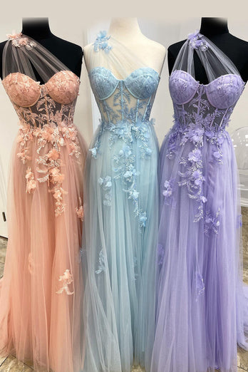 A Line One Shoulder Sky Blue Long Formal Dress with Appliques