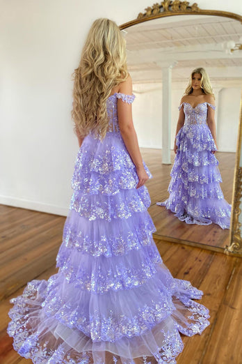 Lilac Off The Shoulder Tiered Formal Dress