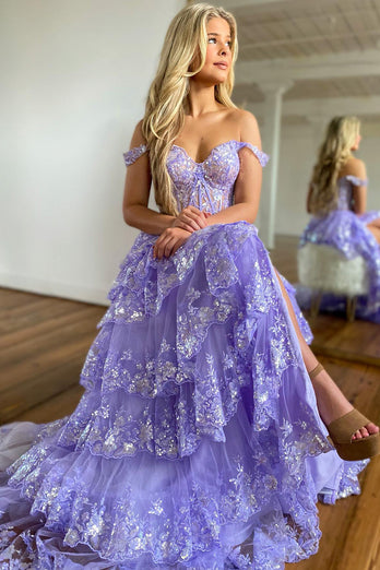 Blue Corset Tiered Lace Formal Dress with Slit