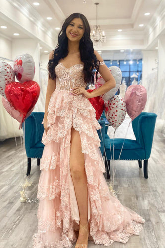 Pink Off The Shoulder Tiered Formal Dress