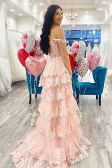 Pink Off The Shoulder Tiered Formal Dress