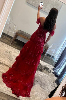 Dark Red Off The Shoulder Tiered Formal Dress