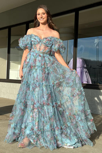 Ivory Red Flower Off The Shoulder Formal Dress