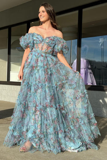 Ivory Red Flower Off The Shoulder Formal Dress