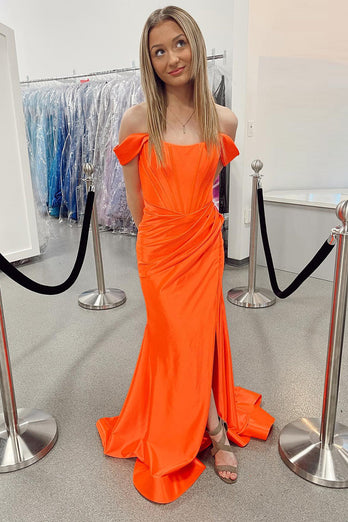 Orange Corset Off the Shoulder Long Formal Dress with Slit