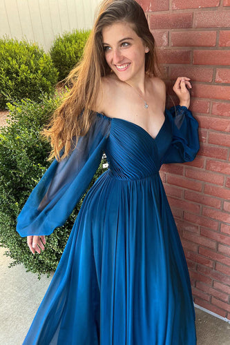 Navy Off Shoulder Long Sleeves Formal Dress with Ruffles