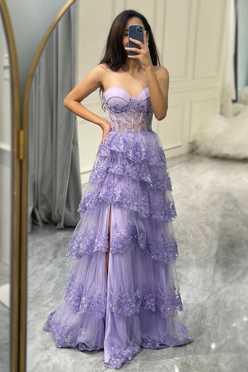 Glitter Purple Sweetheart Long Corset Tiered Formal Dress With Slit