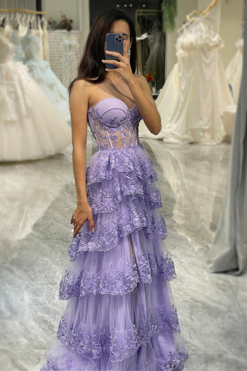 Glitter Purple Sweetheart Long Corset Tiered Formal Dress With Slit